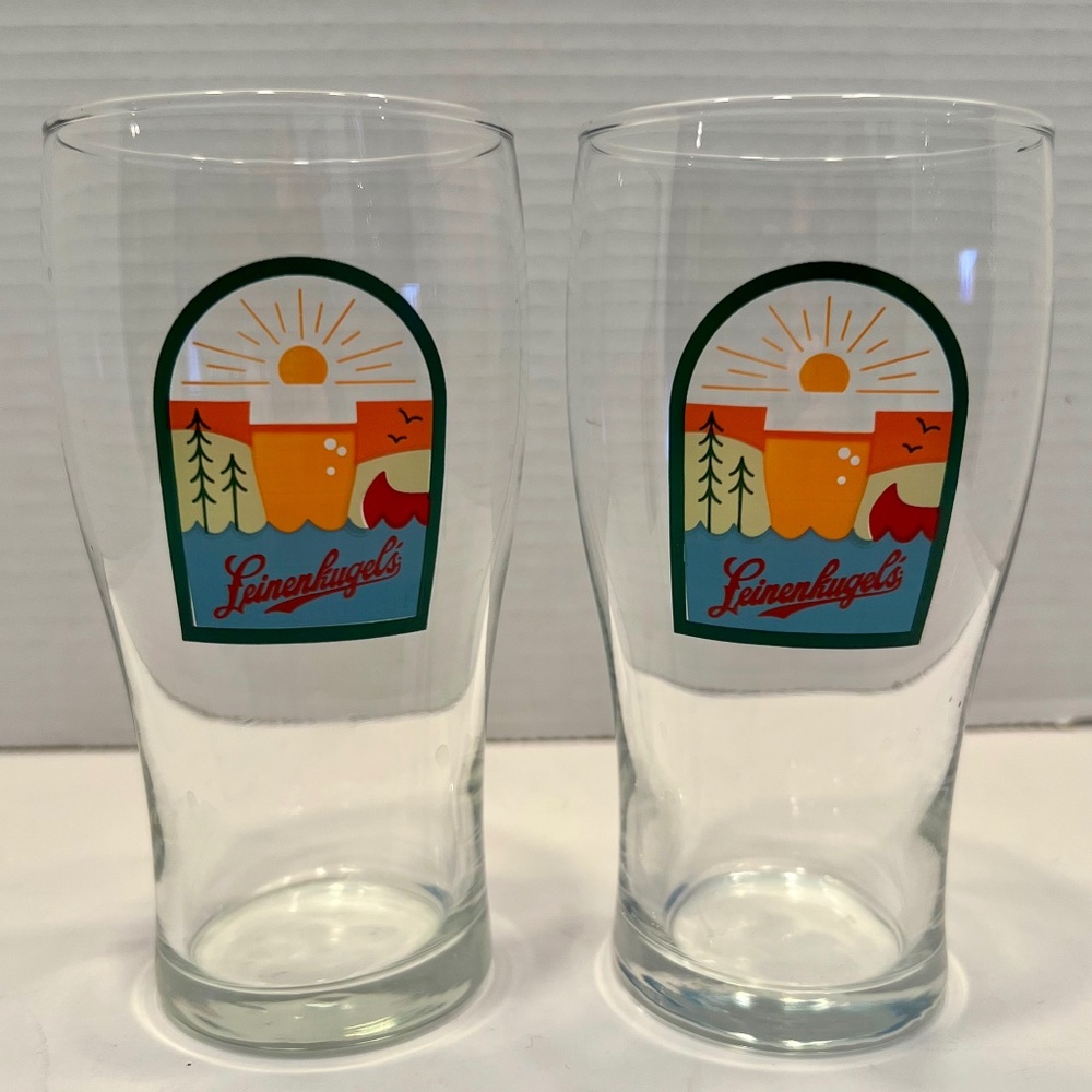 LEINENKUGEL'S Pint Glasses (2) Unique Design Sun Canoe Pine Trees *NEW*